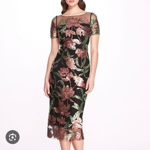 Marchesa Notte Lotus Sequin Cap-Sleeved Pencil Dress